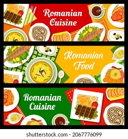 Romanian cuisine banners. Stuffed cabbage rolls, vegetable soup Ciorba and grilled trout Pastrav la gratar, grilled beef Pljeskavica, walnut rolls Cozonac and bean stew, cheese pepper spread Korozott