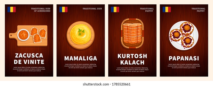 Romanian cuisine dishes and pastries. Traditional national food on a wooden table. Kurtosh Kalach, Papanasi, Mamaliga, Zacusca de Vinite. Top view. Flat vector illustration.