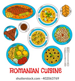 Romanian cuisine with fish and grilled corn mamaliga, meatball and bean soup, fried potatoes with vegetables and lemon, pickled cabbage salad and bread with cheese, chocolate cake amandine and coffee