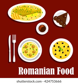 Romanian cuisine with flat symbols of grilled fish and corn mamaliga, meatball noodle soup and potato casserole topped with cheese and olive fruits, cup of coffee with chocolate cake amandine