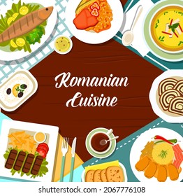 Romanian cuisine meals menu cover. Walnut rolls Cozonac, grilled trout Pastrav la gratar and cabbage rolls, grilled beef Pljeskavica, bean stew and cheese pepper spread Korozott, vegetable soup Ciorba