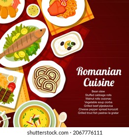 Romanian cuisine menu cover. Bean stew, vegetable soup Ciorba and cheese pepper spread Korozott, grilled trout fish Pastrav la gratar, beef Pljeskavica and stuffed cabbage rolls, walnut rolls Cozonac