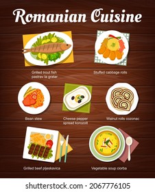 Romanian cuisine menu. Grilled trout fish Pastrav la gratar, stuffed cabbage rolls and bean stew, cheese pepper spread Korozott, walnut roll Cozonac and grilled beef Pljeskavica, vegetable soup Ciorba