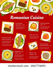 Romanian cuisine menu template. Walnut rolls Cozonac, beef Pljeskavica and cheese pepper spread Korozott, vegetable soup Ciorba, grilled trout Pastrav la gratar and stuffed cabbage rolls, bean stew