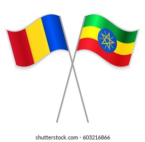 Romanian and Ethiopian crossed flags. Romania combined with Ethiopia isolated on white. Language learning, international business or travel concept.