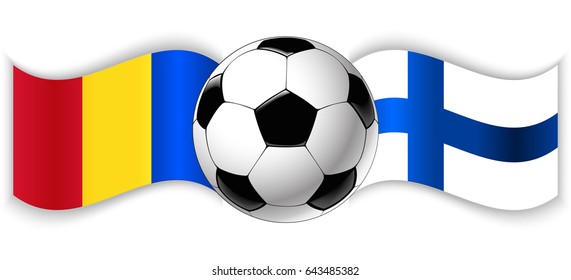 Romanian and Finnish wavy flags with football ball. Romania combined with Finland isolated on white. Football match or international sport competition concept.