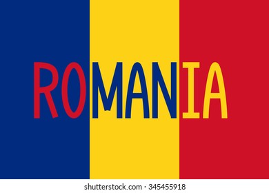 Romanian flag in correct proportions and colors with word Romania