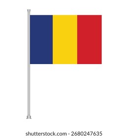 A Romanian flag, featuring vertical stripes of blue, yellow, and red, proudly displayed on a silver flagpole against a clean white background.