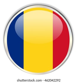 Romanian Flag. Glossy button with glare in bright round frame.