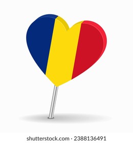 Romanian flag heart-shaped map pointer layout. Vector illustration.