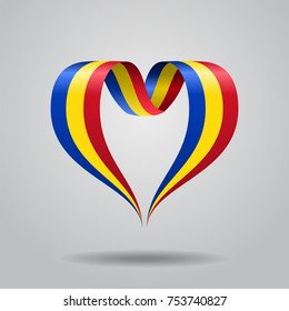 Bandera rumana en forma de corazón con cinta ondulada. Ilustración vectorial.