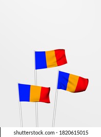 Romanian flag for independence day. 3D corrugated flagpole and fabric fluttering in the wind