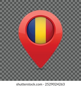 Pino de bandeira romena para mapas e sistemas de navegação para marcar a localização atual. Design do ícone da Interface do Usuário. Ilustração vetorial.