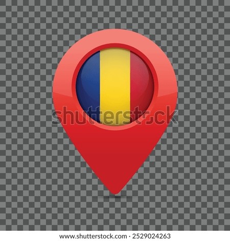 Romanian Flag pin for maps and navigation systems to mark current location. User Interface icon design. Vector illustration.