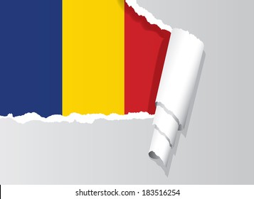 Romanian flag under ripped paper vector illustration.