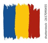 Romanian Flag with Vertical Blue, Yellow, and Red Grunge Ink Bulky Grunge Stripes on White Background. Hand drawn textured multicolored national flag. Perfect for posters, cards, web, banners.