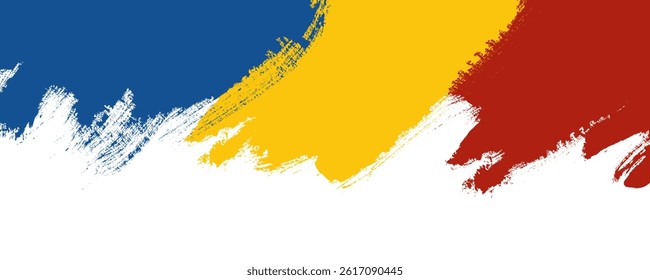 Romanian Flag with Vertical Blue, Yellow, and Red Ink Bulky Grunge Stripes on White Background. Hand drawn textured multicolored banner with national flag. Perfect for posters, cards, web