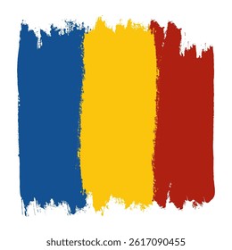 Bandeira romena com azul vertical, amarelo e vermelho Grunge tinta grossa Grunge listras no fundo branco. Bandeira nacional multicolorida desenhada à mão. Perfeito para cartazes, cartões, web, banners.