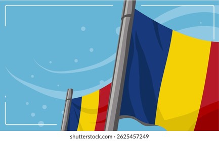 Bandera rumana, ondeando banderas en los mástiles – fondo, Anuncio, Ilustración vectorial