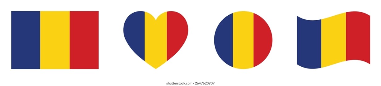 Romanian flags set in square, heart, circle and waving formats designs element. Romania flags collection. Set of Romania flags icons isolated on white background. Vector illustration.