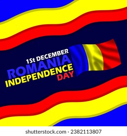 Romanian flying flag with bold text and ribbons with wavy frame on dark blue background to commemorate Romania Independence Day on December 1