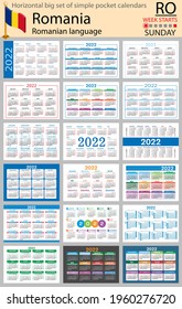 Romanian horizontal Big set of pocket calendars for 2022 (two thousand twenty two). Week starts Sunday. New year. Color simple design. Vector