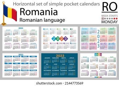 Romanian horizontal pocket calendar for 2023 (two thousand twenty three). Week starts Monday. New year. Color simple design. Vector