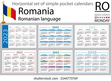 Romanian horizontal pocket calendar for 2023 (two thousand twenty three). Week starts Monday. New year. Color simple design. Vector