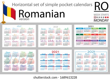 Conjunto horizontal rumano de calendarios de bolsillo para 2020 (dos mil veintiún). La semana empieza el lunes. Año nuevo. Diseño sencillo en color. Vector