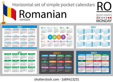 Romanian horizontal set of pocket calendars for 2020 (two thousand twenty one). Week starts Monday. New year. Color simple design. Vector