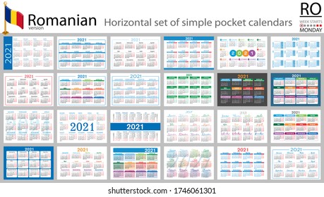 Romanian horizontal set of pocket calendars for 2021 (two thousand twenty one). Week starts Monday. New year. Color simple design. Vector