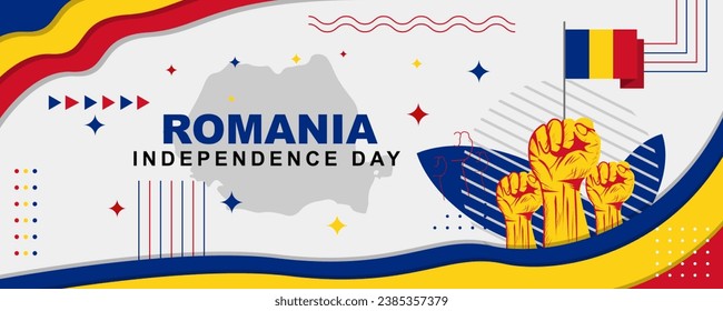 Romanian independence day banner celebrated on December 1, romanian national day banner with flag, map and clenched fist in classic retro theme style. Vector illustration