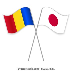 Romanian and Japanese crossed flags. Romania combined with Japan isolated on white. Language learning, international business or travel concept.