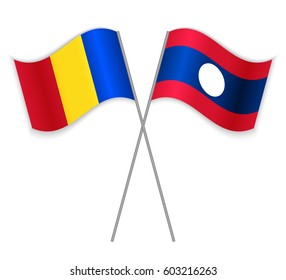 Romanian and Laotian crossed flags. Romania combined with Laos isolated on white. Language learning, international business or travel concept.