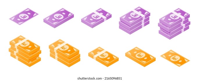 Romanian Leu Banknote Isometric Icon Set