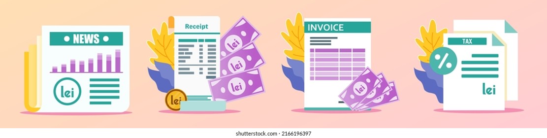 Romanian Leu Receipt and Documents Illustration