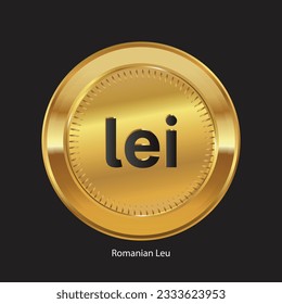 Ilustración vectorial del logotipo Leu RON Currency rumano. Leu rumano, símbolo RON en moneda dorada. Fondo aislado.