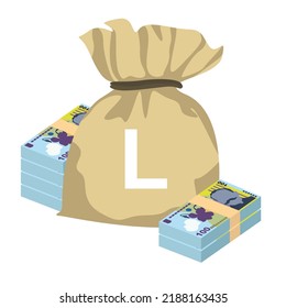 Romanian Leu Vector Illustration. Romania money set bundle banknotes. Money bag 100 RON. Flat style. Isolated on white background. Simple minimal design.
