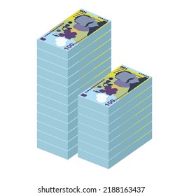 Rumänische Leu-Vektorgrafik. Rumänien hat Geldpakete für Banknoten zusammengestellt. Papiergeld 100 RON. Flacher Stil. Einzeln auf weißem Hintergrund. Einfaches minimales Design.
