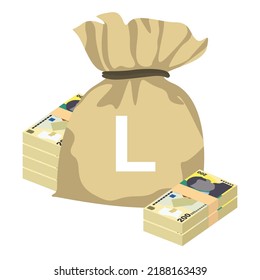 Romanian Leu Vector Illustration. Romania money set bundle banknotes. Money bag 200 RON. Flat style. Isolated on white background. Simple minimal design.