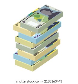 Romanian Leu Vector Illustration. Romania money set bundle banknotes. Paper money 50, 100, 200, 500 RON. Flat style. Isolated on white background. Simple minimal design.