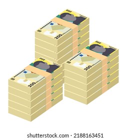 Romanian Leu Vector Illustration. Romania money set bundle banknotes. Paper money 200 RON. Flat style. Isolated on white background. Simple minimal design.