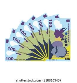 Romanian Leu Vector Illustration. Romania money set bundle banknotes. Paper money 100 RON. Flat style. Isolated on white background. Simple minimal design.