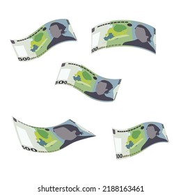 Romanian Leu Vector Illustration. Romania money set bundle banknotes. Falling, flying money 500 RON. Flat style. Isolated on white background. Simple minimal design.