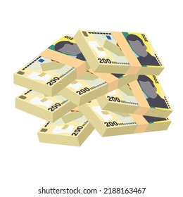 Romanian Leu Vector Illustration. Romania money set bundle banknotes. Paper money 200 RON. Flat style. Isolated on white background. Simple minimal design.