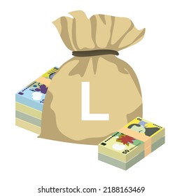 Romanian Leu Vector Illustration. Romania money set bundle banknotes. Money bag 50, 100, 200, 500 RON. Flat style. Isolated on white background. Simple minimal design.