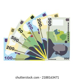 Romanian Leu Vector Illustration. Romania money set bundle banknotes. Paper money 50, 100, 200, 500 RON. Flat style. Isolated on white background. Simple minimal design.