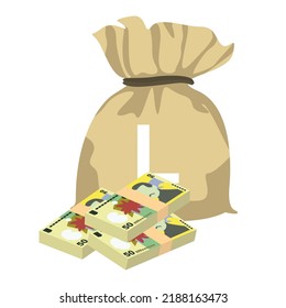 Romanian Leu Vector Illustration. Romania money set bundle banknotes. Money bag 50 RON. Flat style. Isolated on white background. Simple minimal design.
