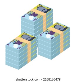Romanian Leu Vector Illustration. Romania money set bundle banknotes. Paper money 100 RON. Flat style. Isolated on white background. Simple minimal design.