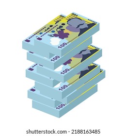Romanian Leu Vector Illustration. Romania money set bundle banknotes. Paper money 100 RON. Flat style. Isolated on white background. Simple minimal design.
